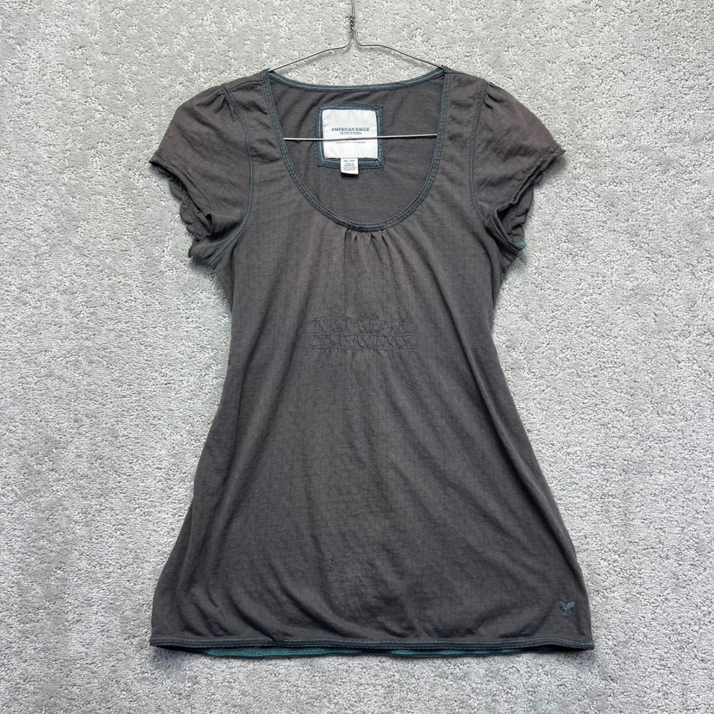 Y2k American Eagle Top Womens M Gray Pointelle Cap Sleeve Tie Waist Babydoll